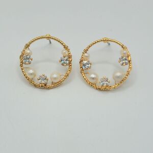 Dainty gold pearl and rhinestone hoop earrings